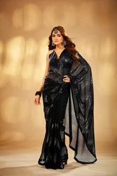 Elegant Black Georgette Sequins Saree