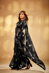 Elegant Black Georgette Sequins Saree