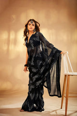 Elegant Black Georgette Sequins Saree