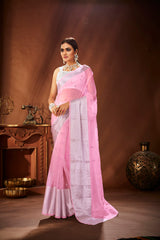 Elegant Pink Organza Embroidery Saree