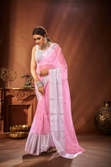 Elegant Pink Organza Embroidery Saree