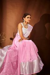 Elegant Pink Organza Embroidery Saree