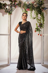 Elegant Black Georgette Sequins Saree