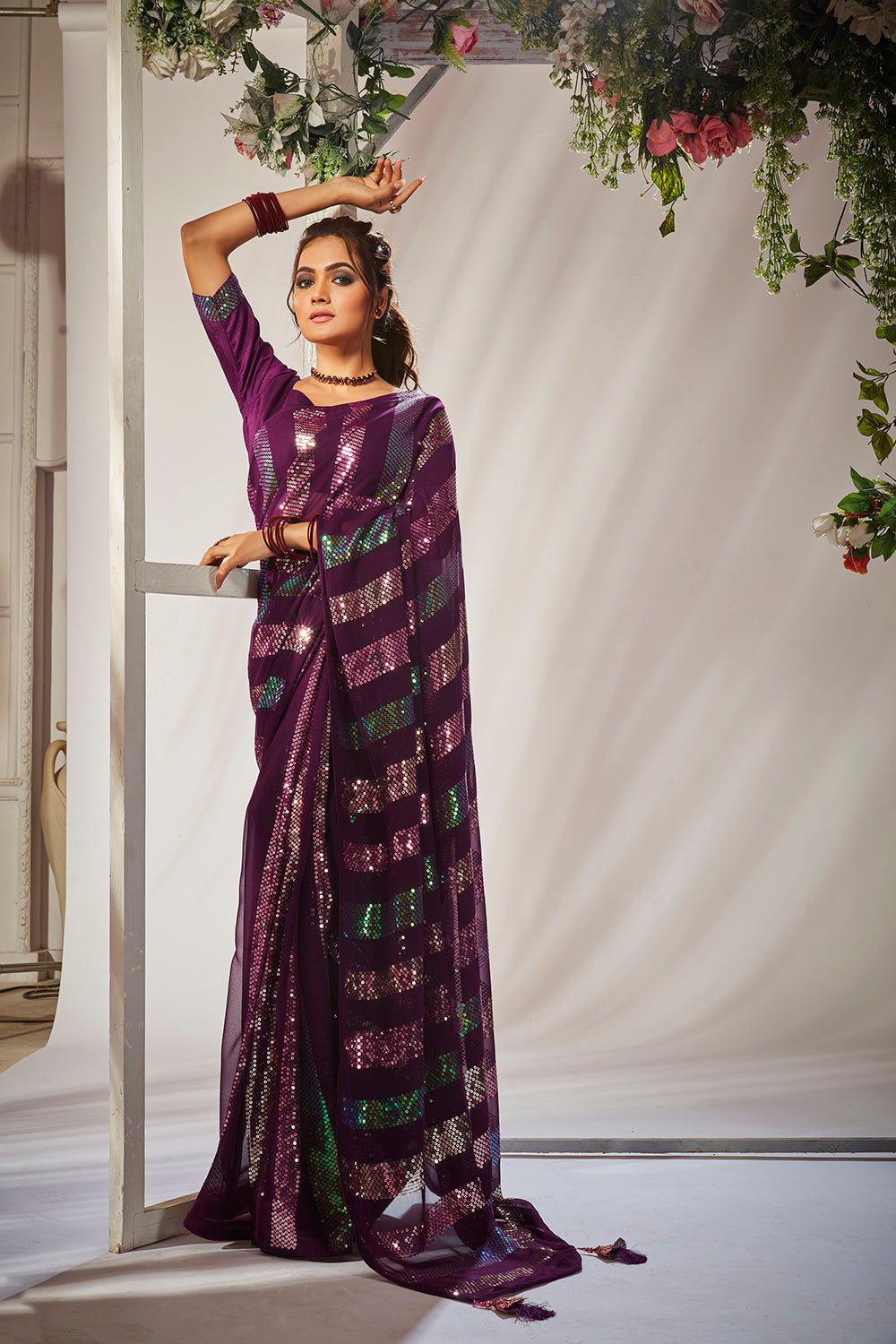 Elegant Purple Georgette Sequins Embroidery Saree