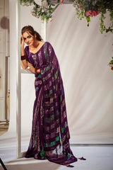 Elegant Purple Georgette Sequins Embroidery Saree