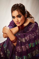 Elegant Purple Georgette Sequins Embroidery Saree