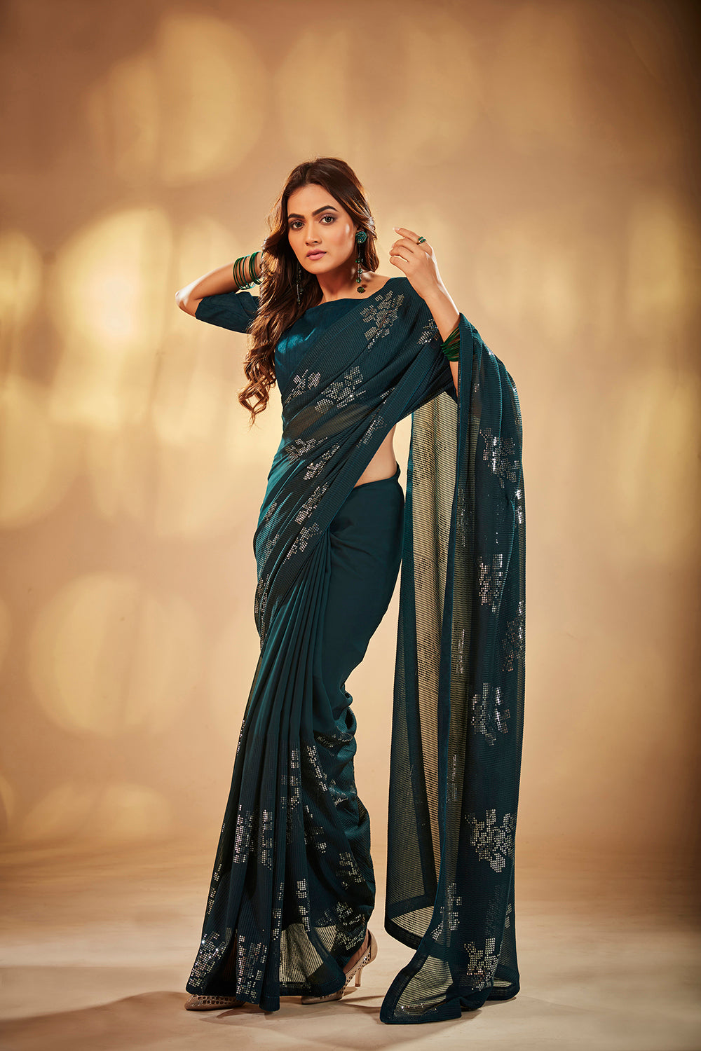 Teal Georgette Sequins Embroidery Saree