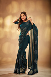 Teal Georgette Sequins Embroidery Saree