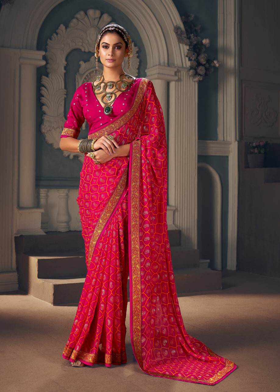 Dark Pink Chiffon Paisley Print Saree-3461