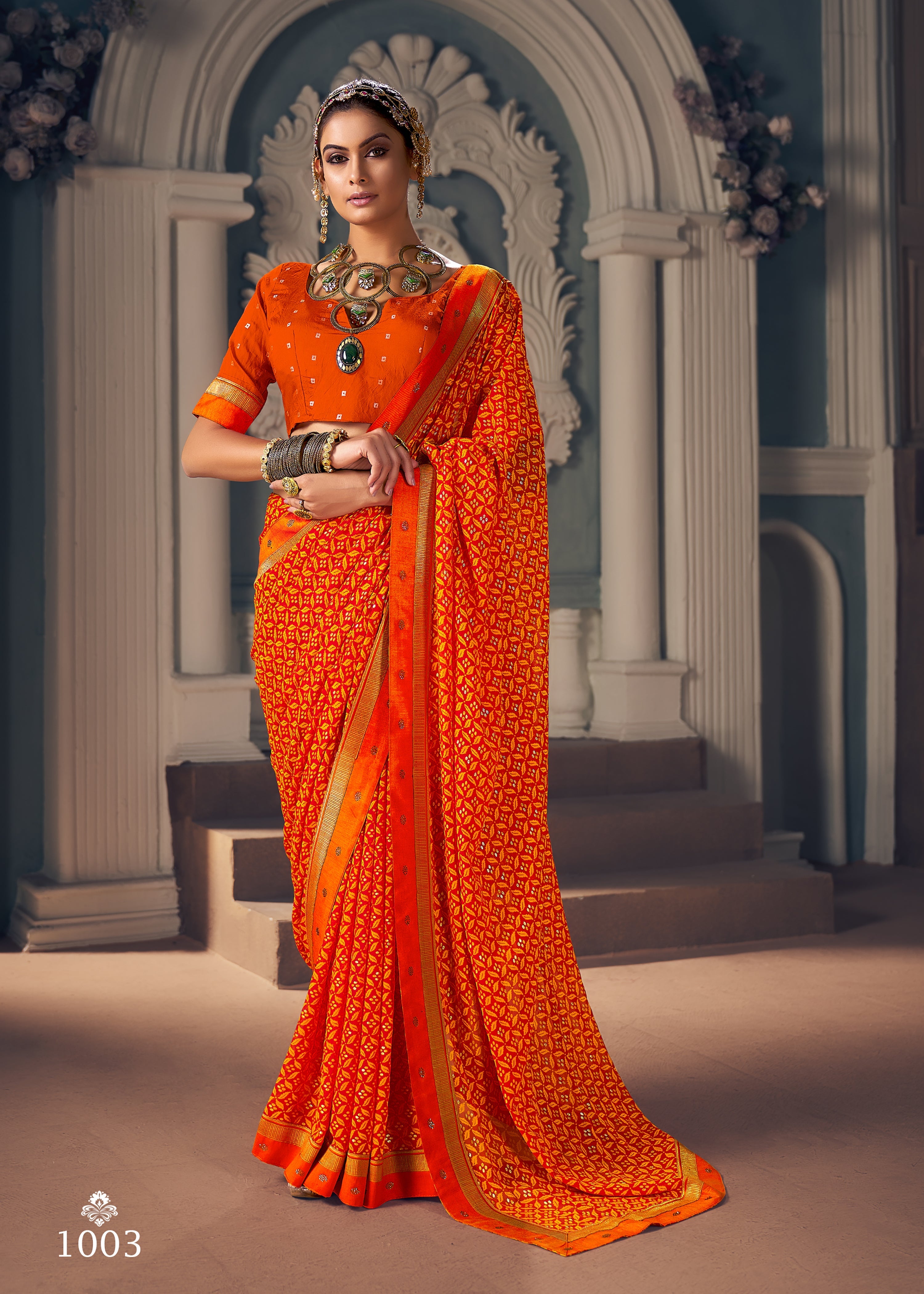 Vibrant Orange Chiffon Paisley Print Saree