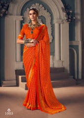 Vibrant Orange Chiffon Paisley Print Saree