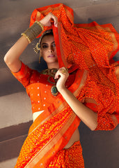 Vibrant Orange Chiffon Paisley Print Saree