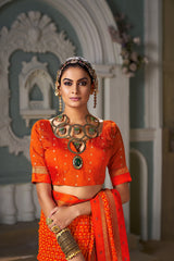 Vibrant Orange Chiffon Paisley Print Saree