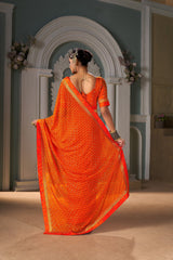 Vibrant Orange Chiffon Paisley Print Saree
