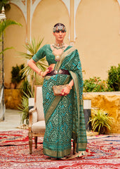 Elegant Green Cotton-Silk Chevron Print Saree