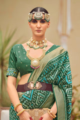 Elegant Green Cotton-Silk Chevron Print Saree