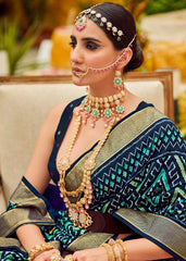 Elegant Blue Cotton-Silk Chevron Print Saree