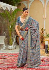 Elegant Grey Cotton-Silk Chevron Saree