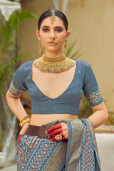 Elegant Grey Cotton-Silk Chevron Saree