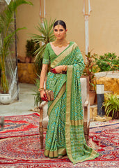 Elegant Green Cotton-Silk Chevron Print Saree