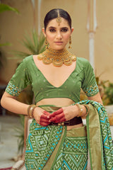 Elegant Green Cotton-Silk Chevron Print Saree