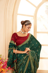 Shop Elegant Lunar Green Cotton Silk Bandhani Print Saree
