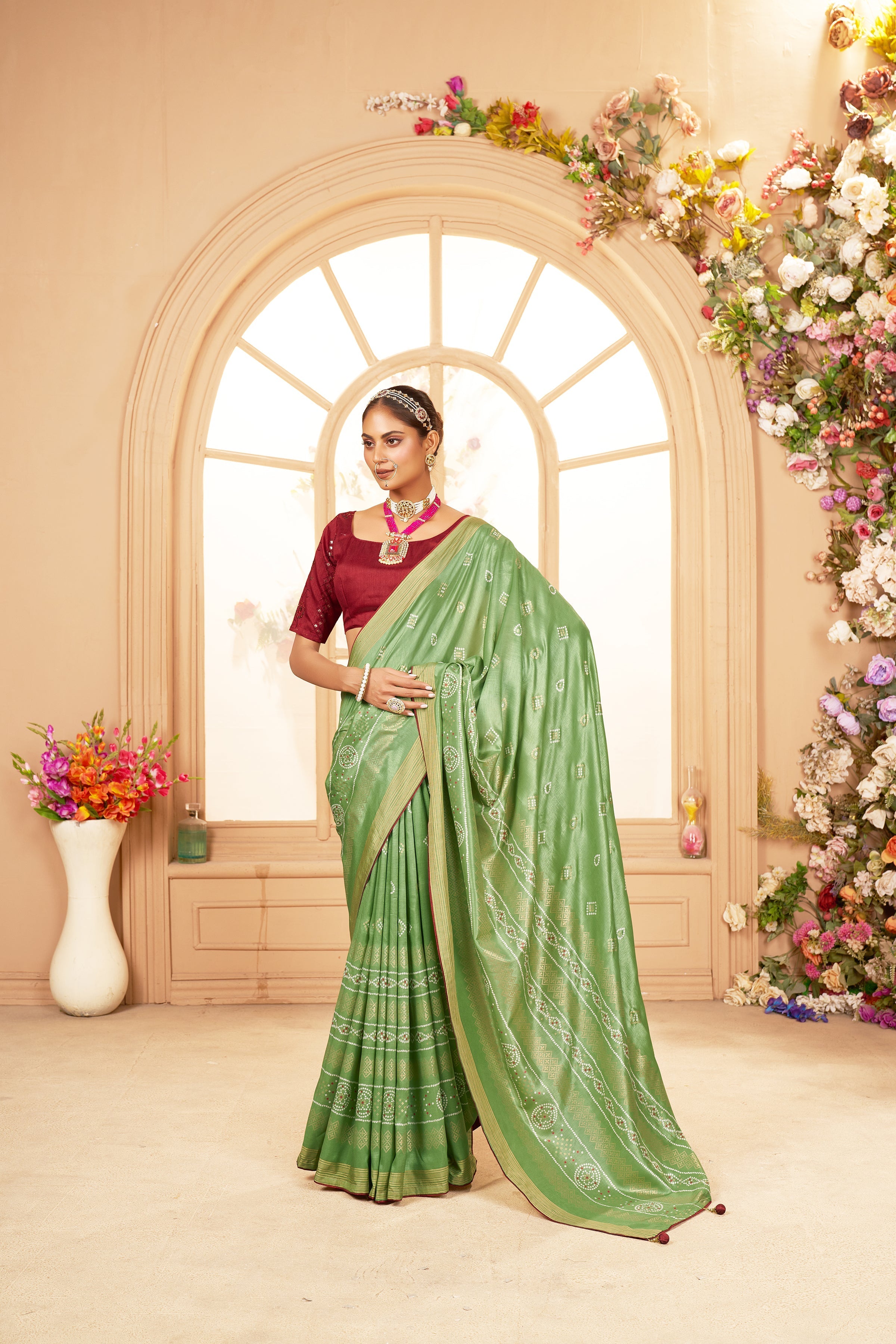Shop Elegant Dull Green Cotton Silk Bandhani Print Saree