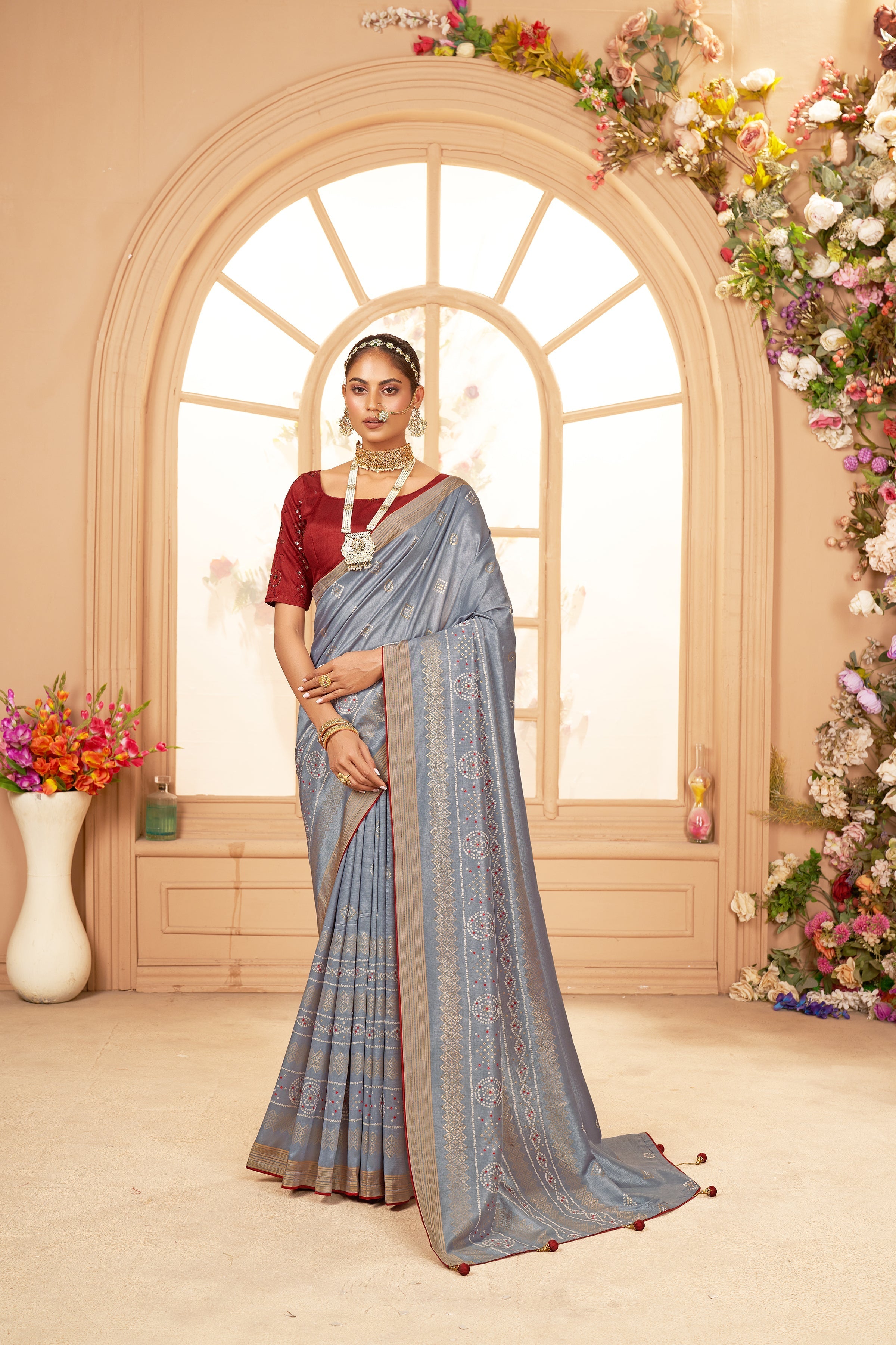 Shop Elegant Grey Cotton Silk Bandhani Print Saree