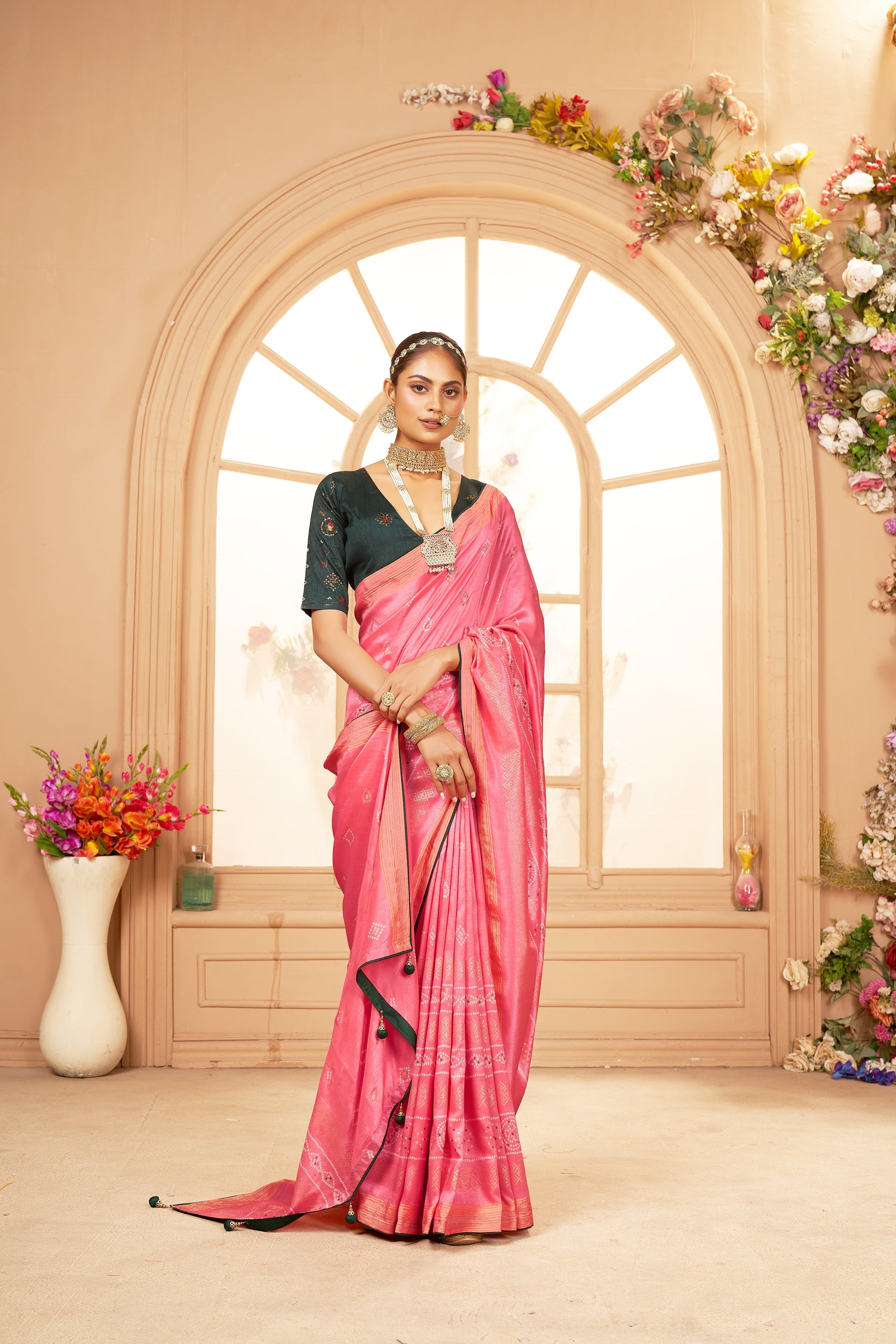 Shop Elegant Rose Pink Cotton Silk Bandhani Print Saree