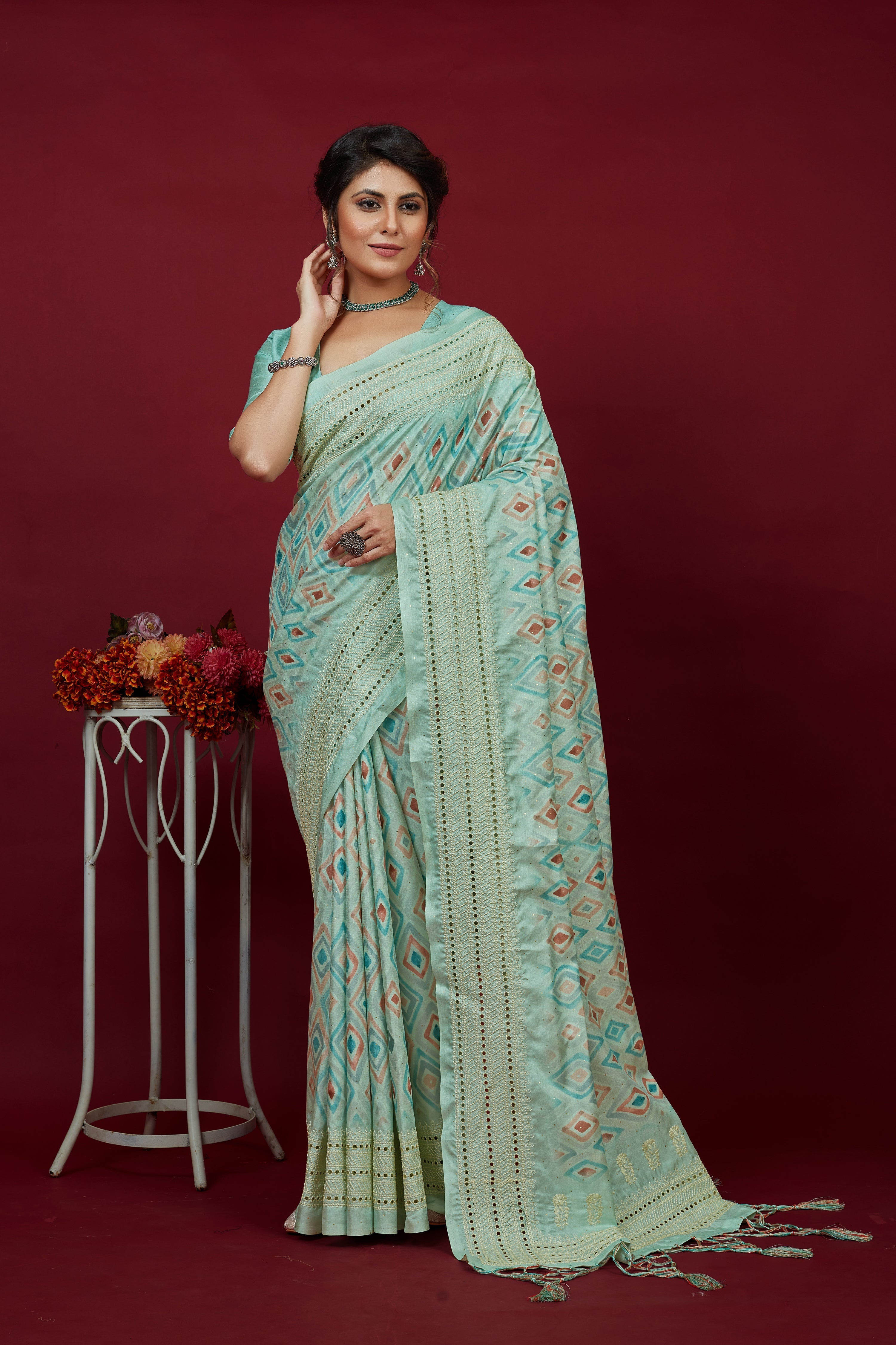 Shop Elegant Aqua Blue Cotton Silk Chickankari Embroidery Cut Work Saree