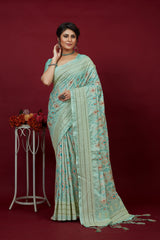 Shop Elegant Aqua Blue Cotton Silk Chickankari Embroidery Cut Work Saree