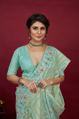 Shop Elegant Aqua Blue Cotton Silk Chickankari Embroidery Cut Work Saree