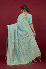 Shop Elegant Aqua Blue Cotton Silk Chickankari Embroidery Cut Work Saree