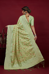 Olive Green Cotton Silk Chickankari Embroidery Cut Work Saree