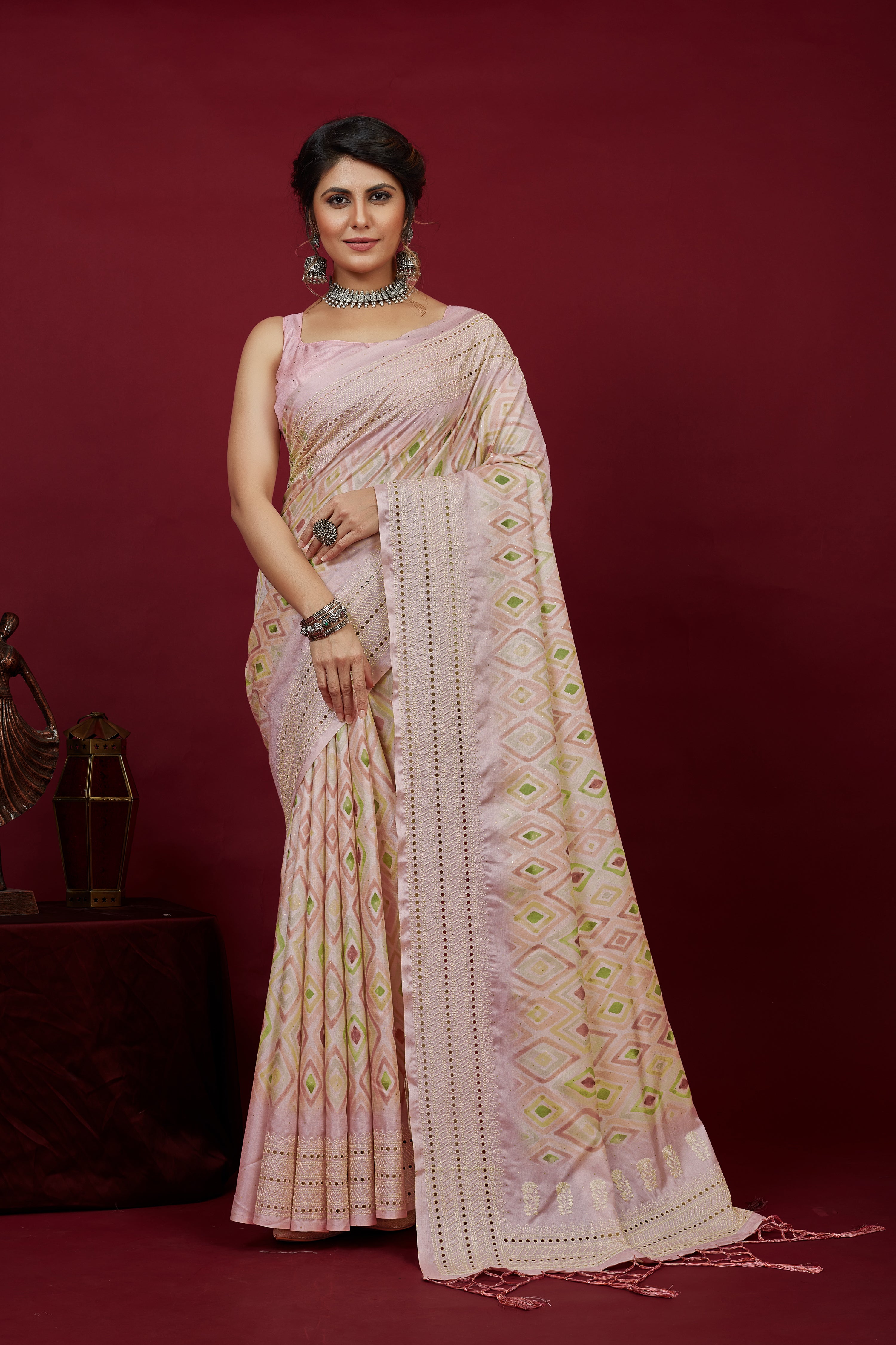 Shop Elegant Pink Cotton Silk Chickankari Embroidery Cut Work Saree
