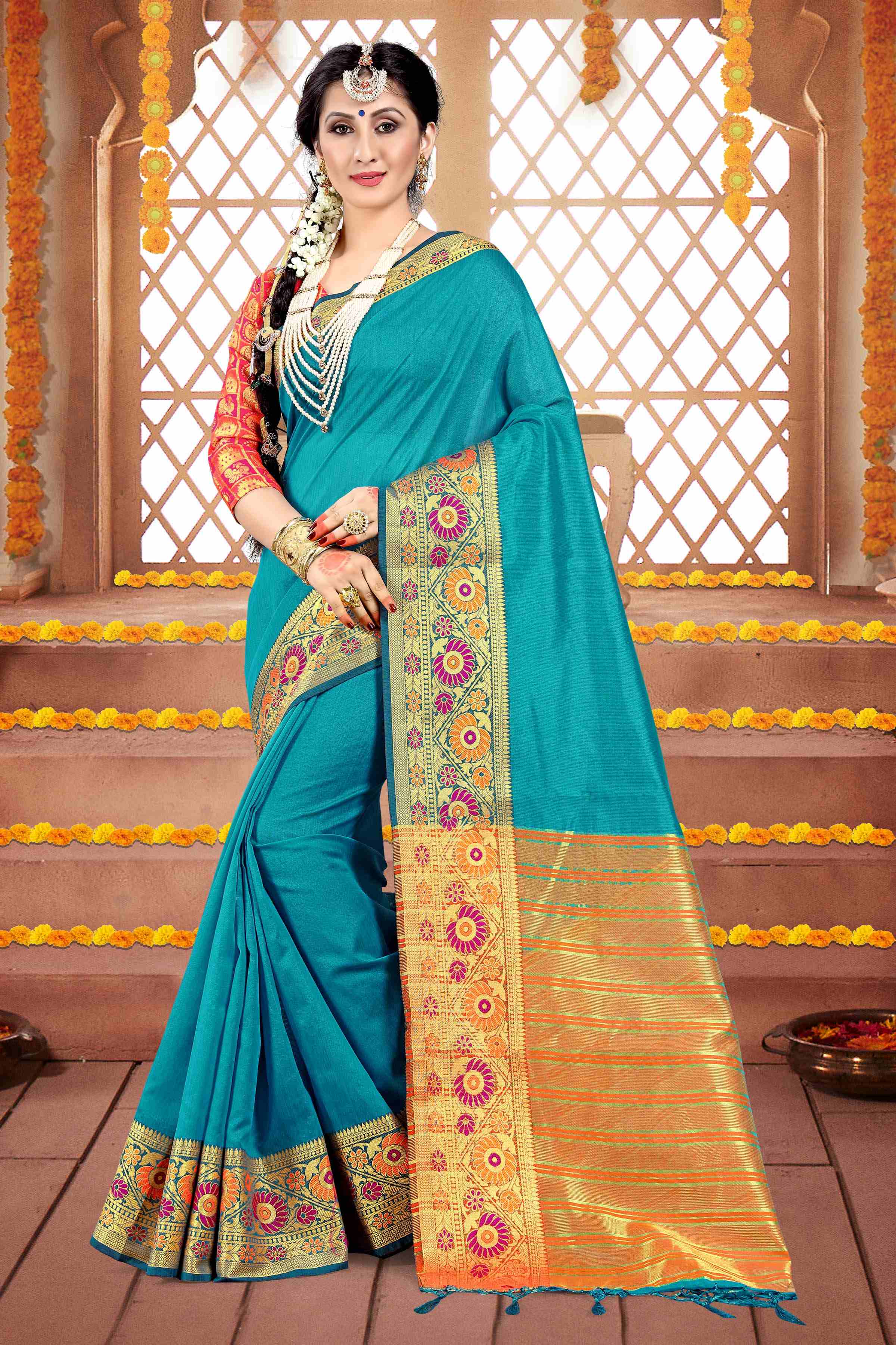 Blue Cotton Silk Woven Saree