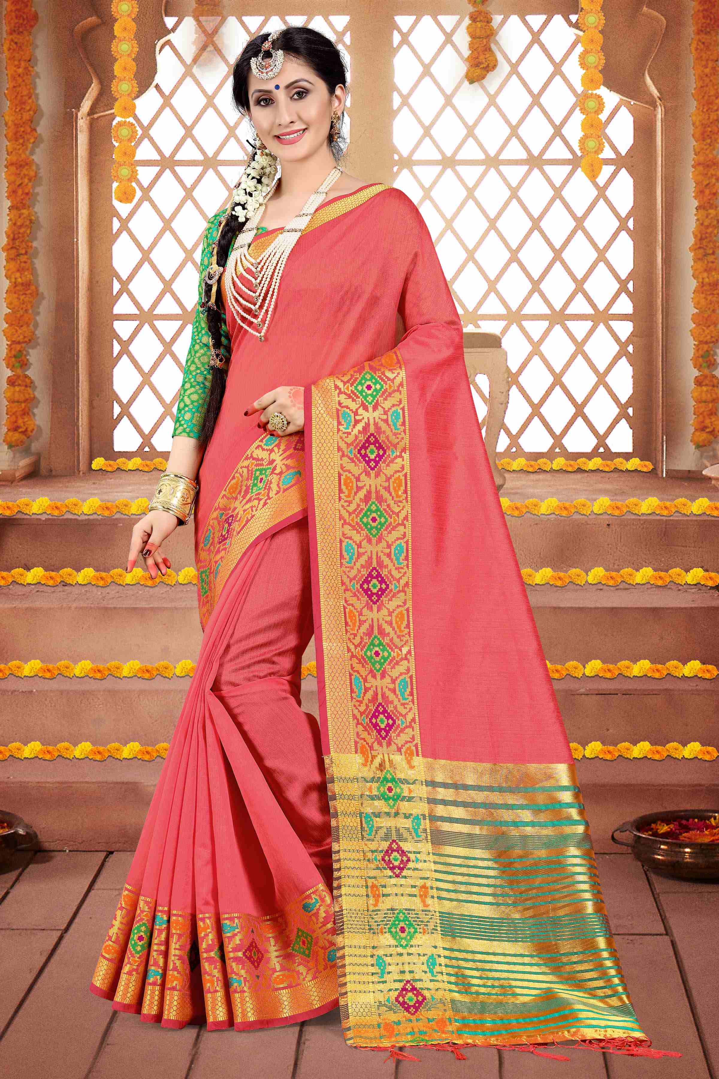 Shop Elegant Coral Cotton Silk Woven Saree