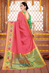 Shop Elegant Coral Cotton Silk Woven Saree