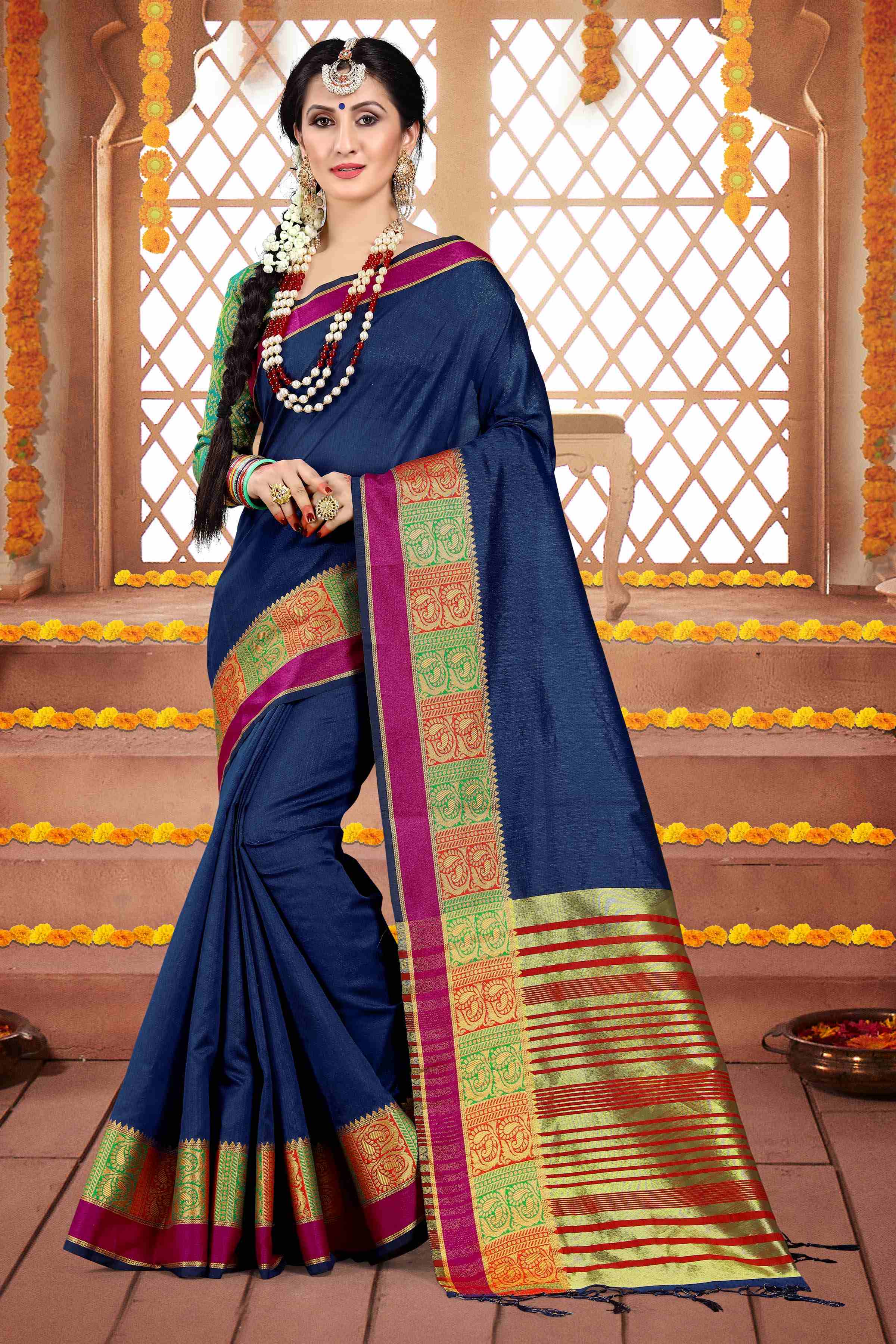 Shop Elegant Blue Cotton Silk Woven Saree
