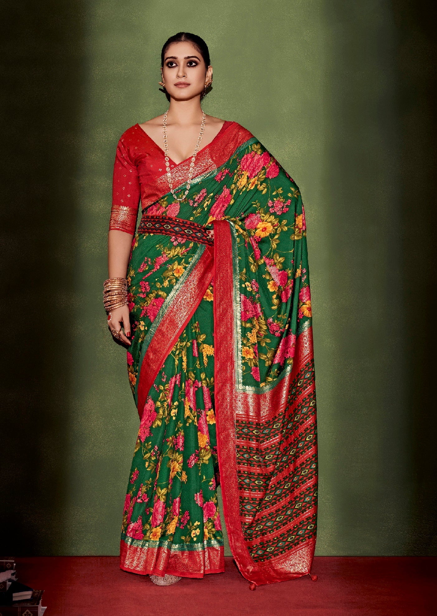 Sherwood Green Cotton Silk Floral Print Saree
