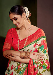 Shop Elegant Dairy Cream Cotton Silk Floral Print Saree