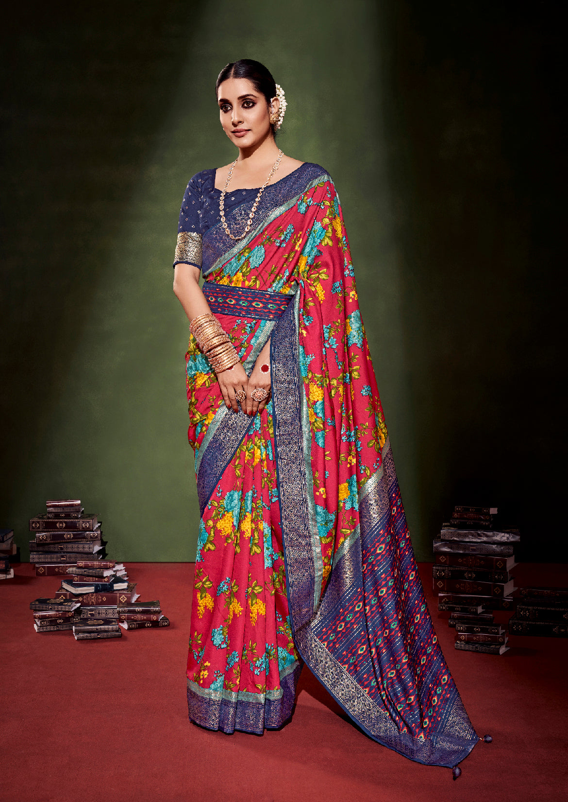 Shop Elegant Vivid Burgundy Cotton Silk Floral Print Saree