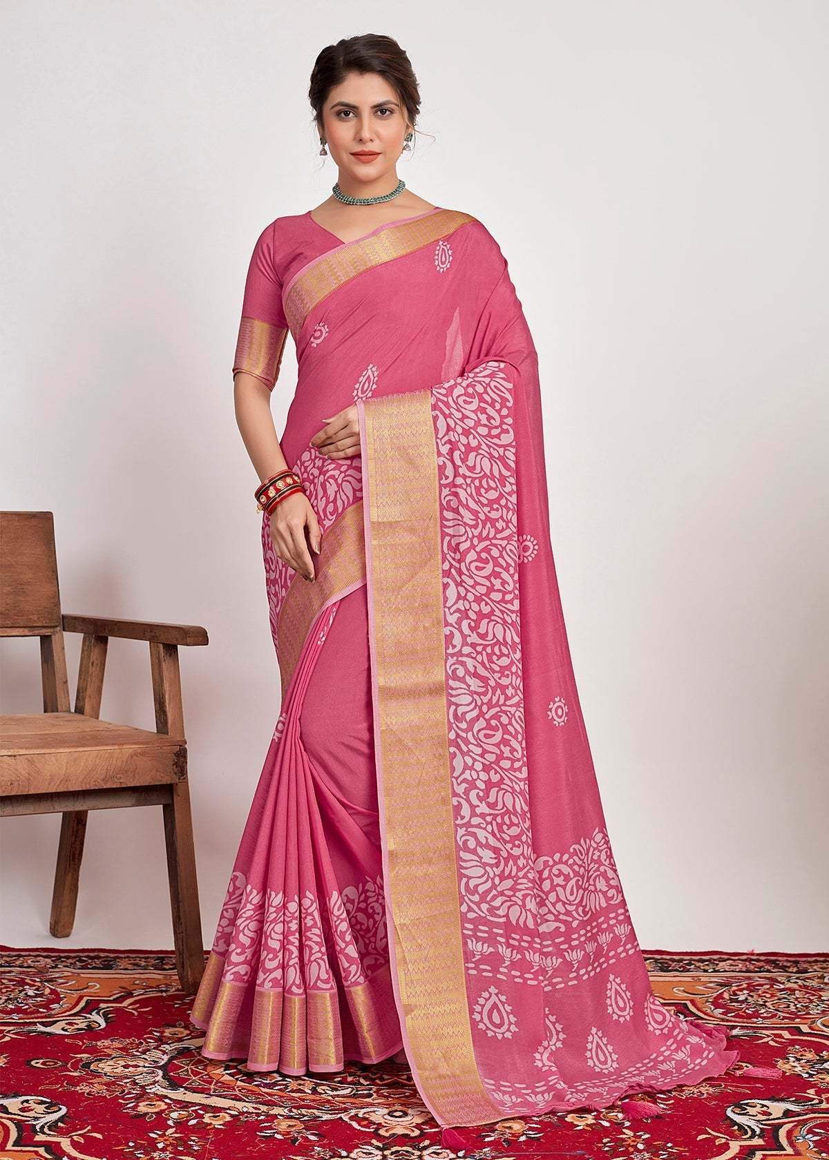 Shop Elegant Pink Cotton Silk Batik Print Saree