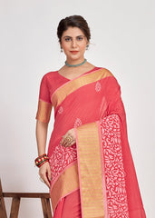 Shop Elegant Carmine Pink Cotton Silk Batik Print Saree