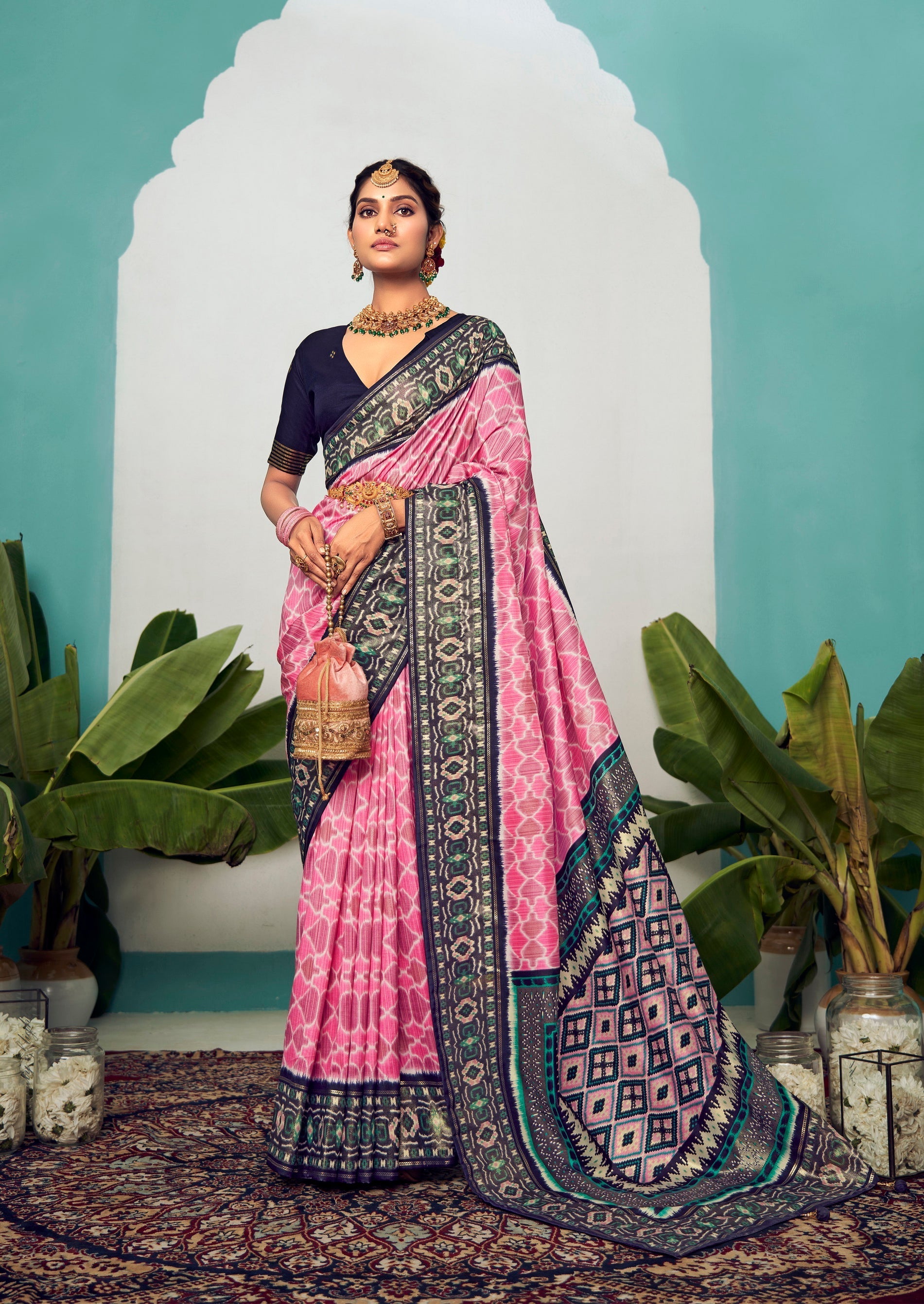 Shop Elegant Baby Pink Cotton Silk Chevron Print Saree