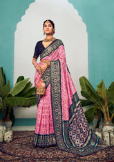 Shop Elegant Baby Pink Cotton Silk Chevron Print Saree