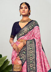 Shop Elegant Baby Pink Cotton Silk Chevron Print Saree