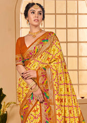 Orange Yellow Cotton Silk Ikkat Print Saree-3843