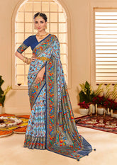 Light Blue Cotton Silk Ikkat Print Saree-3844