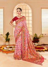 Shop Elegant Peachy Pink Cotton Silk Ikkat Print Saree